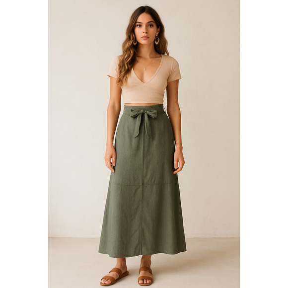 Harve Benard 100% Linen Maxi Skirt Women’s 8 Green Lined Pockets boho coastal - Picture 6 of 10